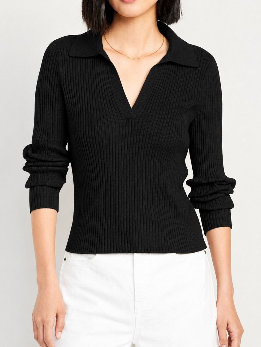 Cotton Black Ribbed V-Neck Polo Sweater - Women